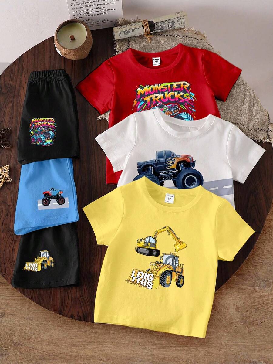 2pcs Toddler Boys Casual Creative Cartoon Excavator & Race Car Print Short Sleeve T-Shirt And Pants Set, Sibling Matching Outfits (2 Sets Pieces Sold Separately) Young Boys T Shirts Young Boys Matching Sets Youth Boy Tshirt Young Boys Suit Set, School, Campus, College - Multicolor - View 1