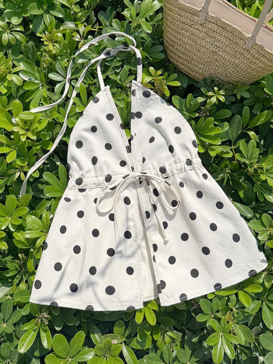 Comfortcana 女士波点印花系带露背吊带牛仔上衣，适合夏季春季穿着，情人节、狂欢节、沙滩派对等场合，优雅女士衬衫，度假休闲上衣，白色波点上衣，女士波点吊带上衣，时尚无袖露背夏季上衣 - 白色 - 查看 1