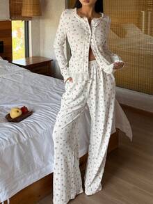 DAZY Floral Lace Ruffle Trim Women Pajama Set - White - View 7