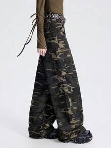 SHEIN 女士朋克风休闲百搭迷彩工装阔腿牛仔裤 - 彩色 - 查看 5