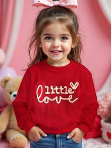 女童休闲简约字母图案宽松圆领长袖毛衣 - 紅色 - 查看 1