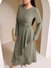 Veilorie Women's Solid Color Long Sleeve Waist Cinched Arabic Style Dress - Green - View 3
