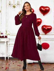 EMERY ROSE Plus Size Women's Solid Round Neck Long Sleeve Casual Textured Fleece Dress, Fall Valentine's Day - Burgundy - View 5