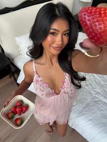 ZzzCrew 性感宫廷风刺绣吊带睡衣套装，新款雪纺花卉家居服 - 粉色 - 查看 3