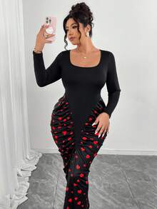 Elenzga Plus Size Women's Heart Print Long Sleeve Ruched Waist Maxi Dress,Black And Red,Autumn,Party,Rave, Elegant New Year Girlfriend Gathering Black - Multicolor - View 5