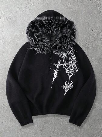 Goth Herren Lässig Muster Patchwork Fellbesatz Kapuzenpullover, Herbst/Winter