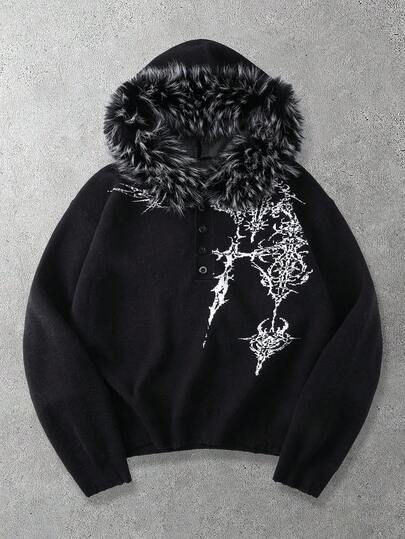 Goth Herren Lässig Muster Patchwork Fellbesatz Kapuzenpullover, Herbst/Winter