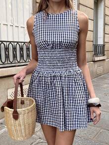 Pariaura Women's New Plaid Waist Cinched Sleeveless Dress, Countryside Style Vacation Travel Mini Skirt - Navy Blue - View 1