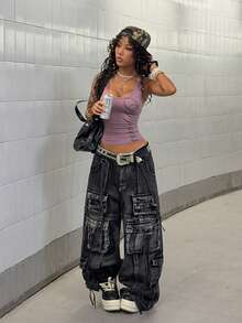 StreetHx Women's Black Versatile Commuter U-Neck Silver English Letter Print Streetwear Slim Fit Camisole Tank Top, Spring/Summer - Purple - View 3