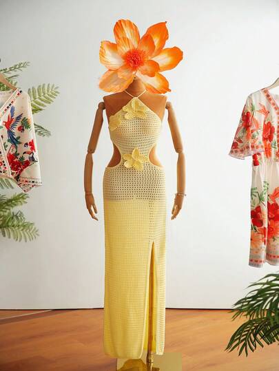 Travachic Elegant Vacation 3D Floral Decor Backless Halter Knit Dress