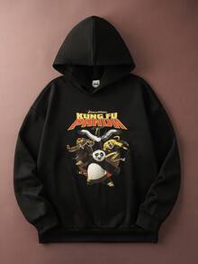 SHEIN Kung Fu Panda Men's Casual Letter & Cartoon Panda Print Hoodie, Autumn - Black - View 1