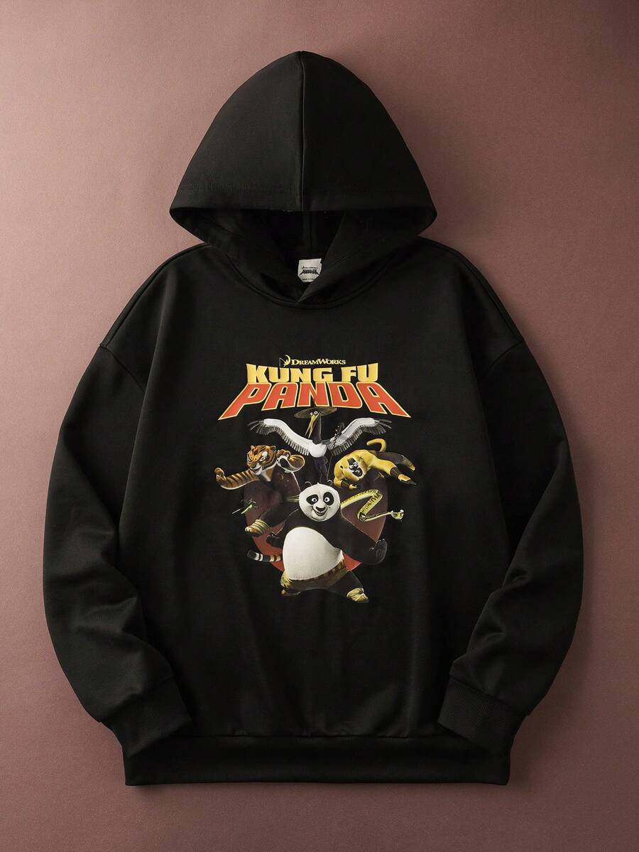 SHEIN Kung Fu Panda Men's Casual Letter & Cartoon Panda Print Hoodie, Autumn - Black - View 1