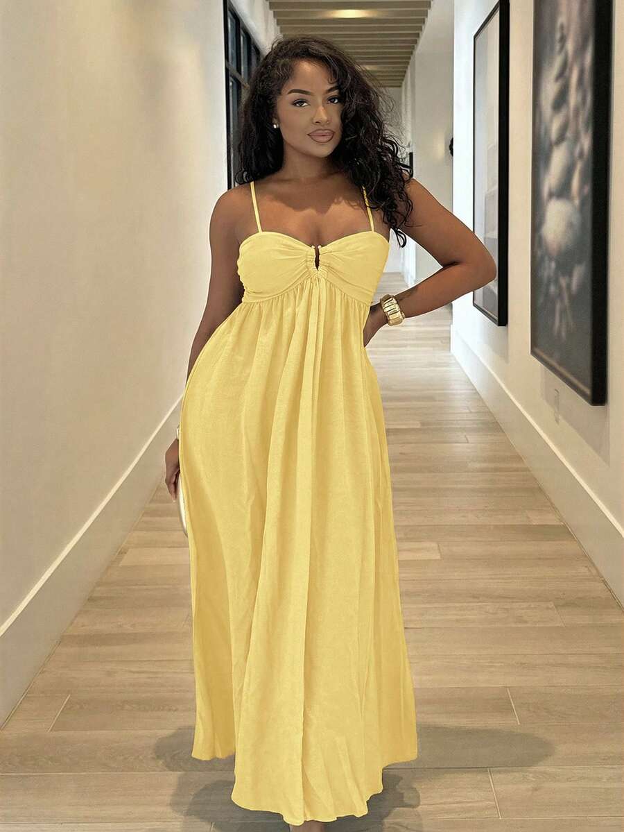 Alexandranx 女式褶皱无袖连衣裙，度假风格，春夏，女式夏季服装，女式沙滩服装，女式，春假，女式演唱会服装，波西米亚风，狂欢服装，热带度假，节日，浪漫女式夏季连衣裙，波西米亚风女式连衣裙，女式热带连衣裙，女式连衣裙，度假新品女式连衣裙 - 淡黃色 - 查看 1