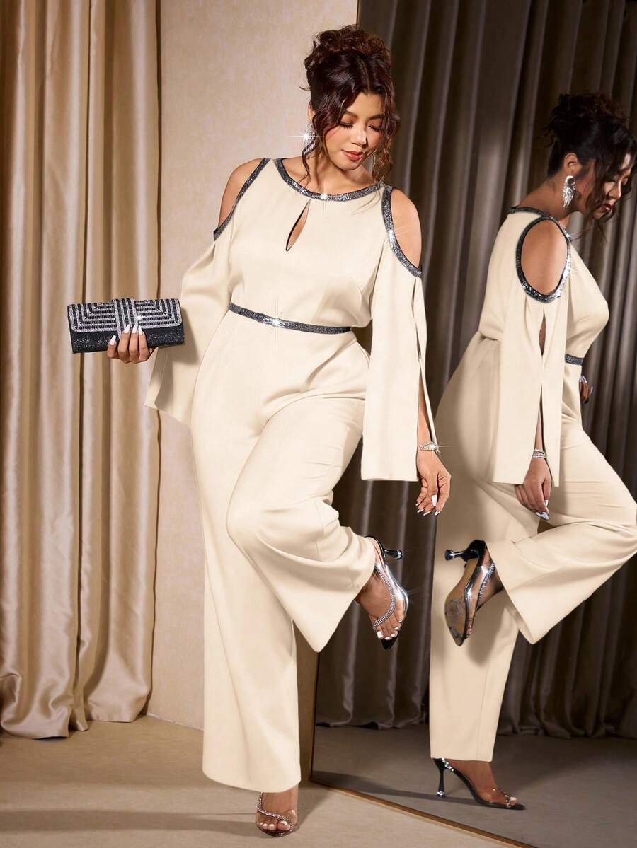 Elenzga Bộ áo liền quần cỡ lớn thanh lịch khoét vai đính sequin, bộ đồ liền quần sang trọng cho nữ, bộ quần áo liền quần đính sequin, bộ đồ liền quần tay dài, áo liền quần hở vai. - Rượu sâm banh - Xem 1