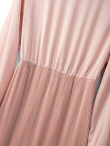 GlowEve CURVE Plus Size Women's Solid Color Long Sleeve Button Half Placket Pleated Hem Elegant Shirt Dress - Pink - View 5