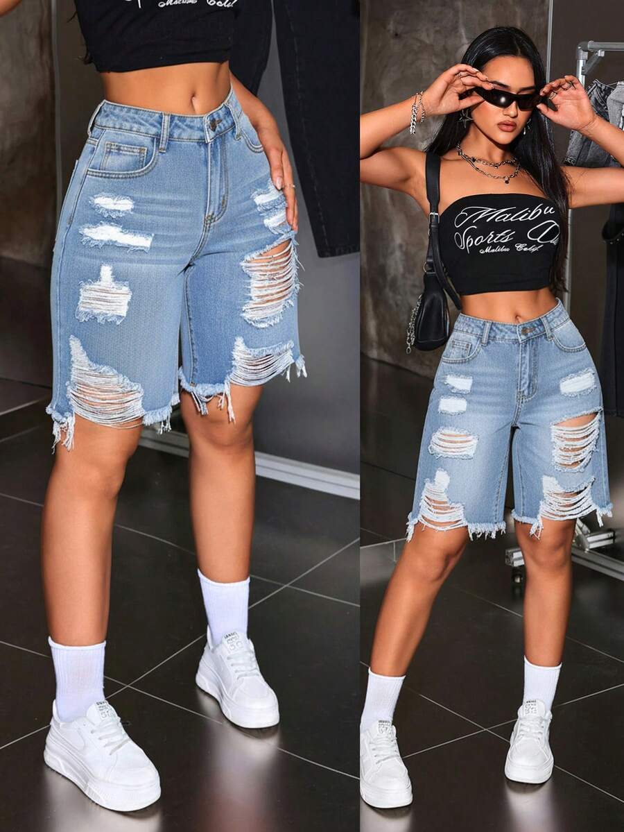 SHEIN ICON 夏季休闲水洗做旧牛仔短裤 女式高腰牛仔短裤 Y2K牛仔及膝短裤 - 藍色 - 查看 1