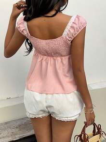 SHEIN Unity Blusa feminina rosa, estilo doce e descontraída, bordada, para férias na primavera/verão. - Rosa - Ver 2