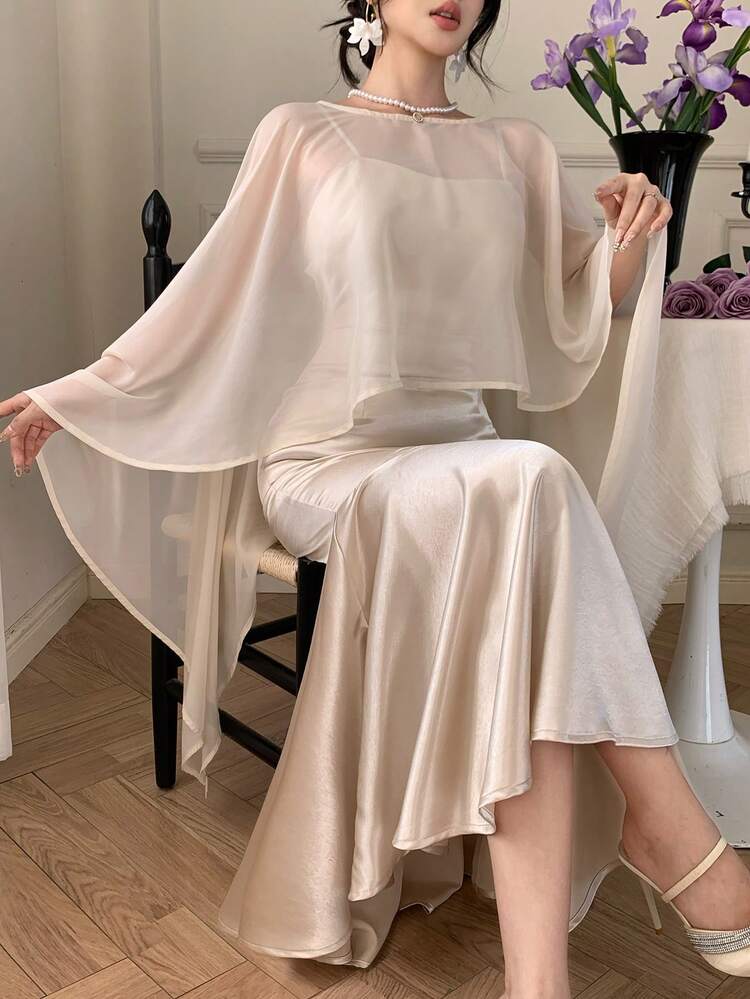 Women's Elegant Spaghetti Strap Fishtail Dress With Shawl, 2 Pieces Set, Spring/Summer,Wedding Guest Dress Women