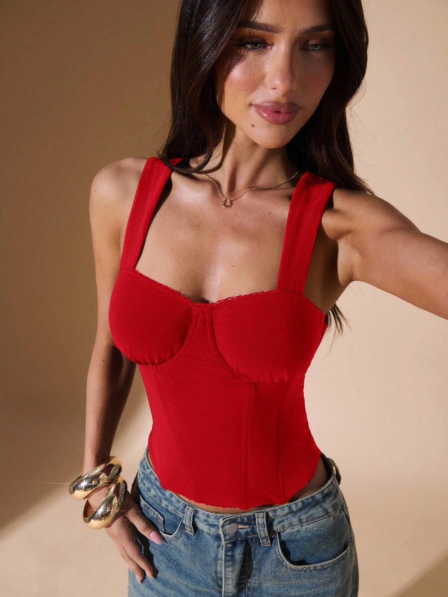 SHEIN BAE Women's Solid Color Fitted Elegant Thick Strap Tank Top - Red - View 1