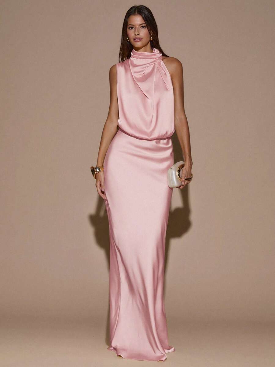 SHEIN BAE Đầm dài màu vàng kem thanh lịch, bất đối xứng, không tay, gợi cảm, tối giản, thích hợp cho tiệc tùng, cocktail, đám cưới, sinh nhật, chất liệu satin. - Màu Hồng  San hô - Xem 1