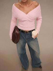 SHEIN BAE 女士纯色露肩时尚百搭通勤长袖毛衣 - 粉色 - 查看 3