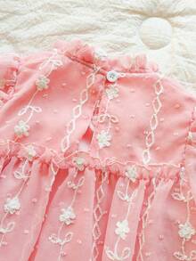 SHEIN Vintaside Kids 女童优雅公主风荷叶边领泡泡袖提花刺绣双层荷叶边下摆宽松公主裙，适合度假、旅行、派对、送礼、春秋季穿着。 - 粉色 - 查看 8