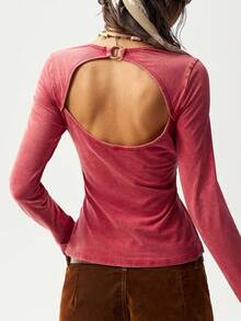 Bohemela 1 Peça Top Feminina Casual de Cor Sólida, Tricô com Recorte nas Costas, Manga Longa, Ajuste Slim, Lavada - Vermelho - Visão 1