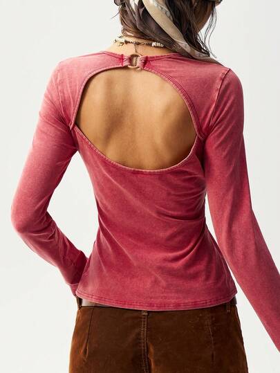 Bohemela 1pc Women Casual Solid Color Knit Cutout Back Long Sleeve Slim Fit Washed Top