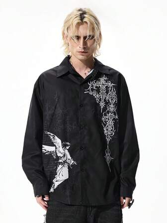 Chemise de mode de rue décontractée à simple boutonnage avec imprimé ange sombre pour hommes