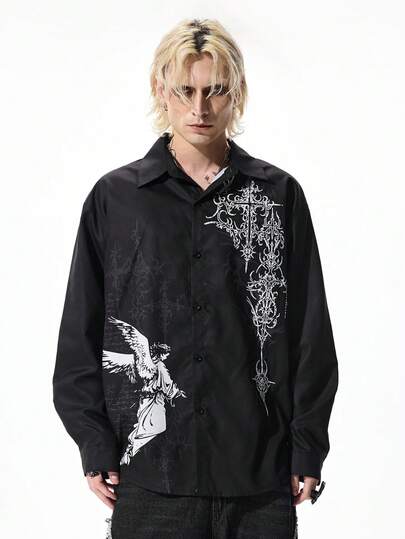 Chemise de mode de rue décontractée à simple boutonnage avec imprimé ange sombre pour hommes
