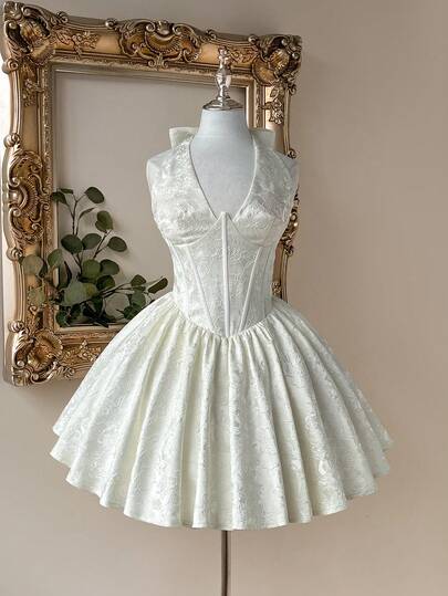 Lovelzi Elegant, Romantic, Fashionable White Jacquard Satin Halter Deep V-Neck Mermaid A-Line Formal Party Dress, Wedding Guest Dress, White Maxi Dress, Bachelorette Party, Prom Dress, Bridal Shower Gown