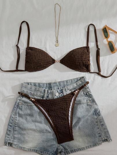 Swim Vcay Women's Solid Color Two Pieces Bikini Set, Casual Vacation Style,Summer Holiday Outfits, Brown Two Piece Set ,Valentine's Day,Carnival