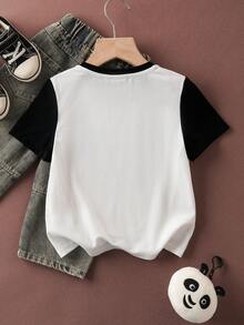 SHEIN Kung Fu Panda Young Boy Casual Panda Print Short Sleeve T-Shirt, Summer - Black and White - View 2