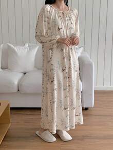DAZY Plant Pattern Full Print Ruched Drawstring Neck Lantern Sleeve Long Loose Women Nightgown - White - View 8