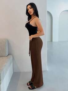 Shopreo 柔软针织质感高腰休闲裤 - 巧克力棕 - 查看 6