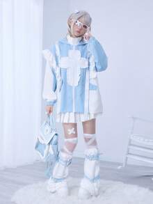 ROMWE Kawaii Subculture Cross Contrast Color Cat Frill Hooded Loose Women Long Sleeve Jacket - Multicolor - View 6