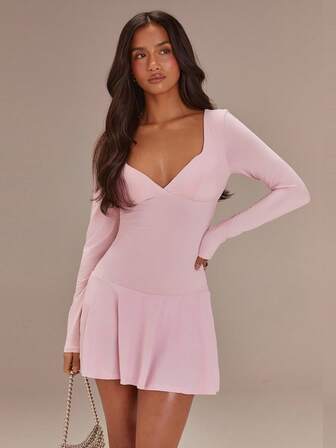 Athîral 女士纯色优雅收腰长袖迷你连衣裙，适合约会和派对穿着