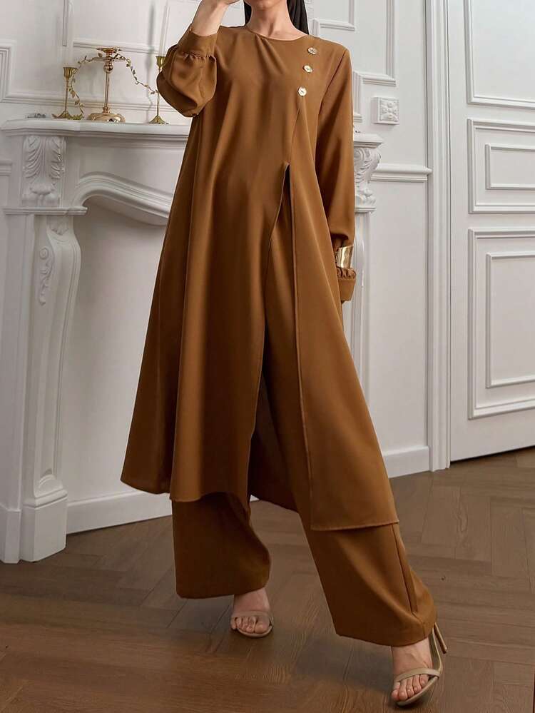 Women's Solid Color Round Neck Long Sleeve Button Design Split Hem Robe And Wide Leg Pants Casual 2 Pieces Set