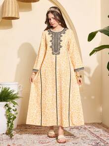 Teen GirlMiddle Eastern Style Printed Dress, Gold Patterned With Black Lace Print, Suitable For Spring/Autumn Everyday Wear - Yellow - View 4