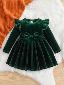 SHEIN Váy dài tay nhung xanh thanh lịch cho bé gái - Nhiều màu - Xem 4