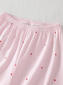 2pcs/Set Girls Heart Print Casual Soft Comfortable Cardigan And Pants Pajama Set - Pink - View 5