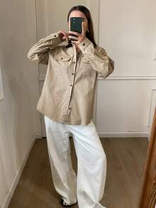 DAZY 撞色宽松长袖翻领工装夹克，休闲街头风女装，秋冬女式外套 - 棕色 - 查看 3