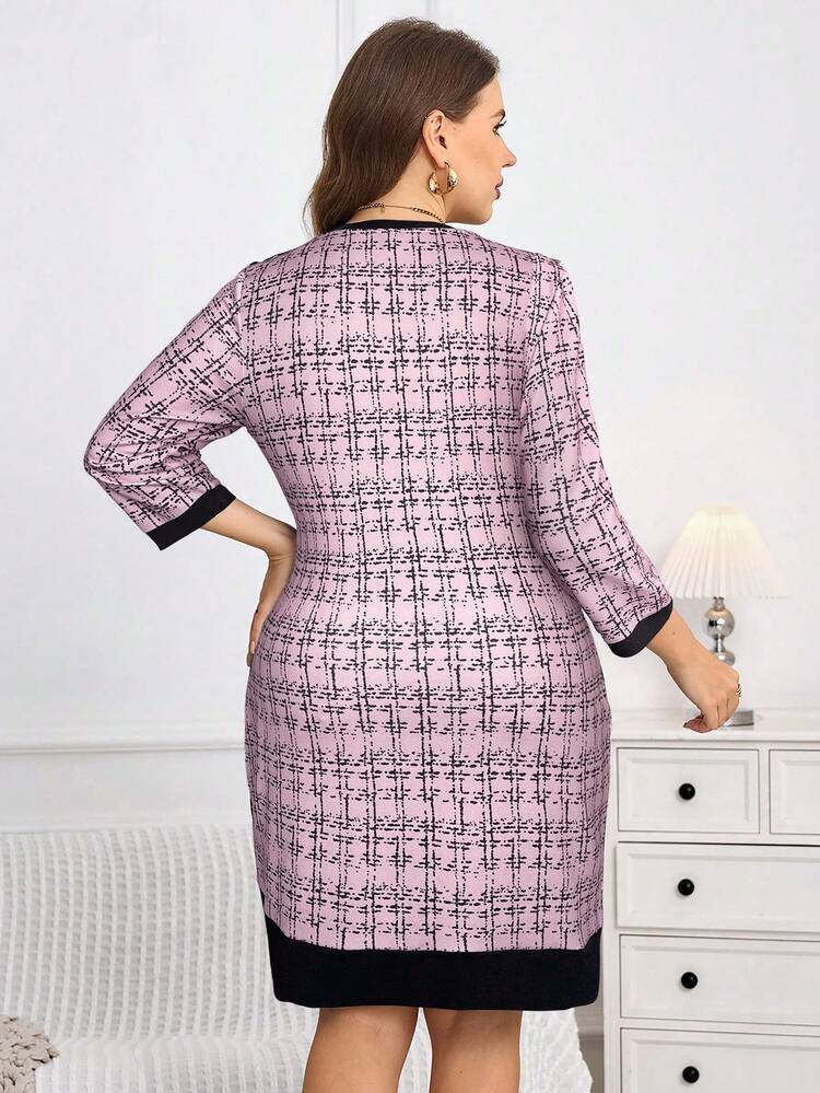Plus Size Elegant Plaid Round Neck Midi Dress,Light Pink,Autumn,Elegant,Office Commuting Valentine's Day Birthday New Year Dresses For Women