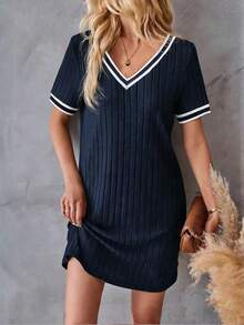 EMERY ROSE Fashionable Casual New Blue Ribbed V-Neck Splice Contrast Color Knit Dress - Multicolor - View 3