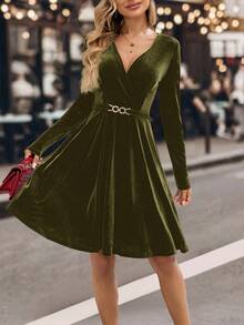 EMERY ROSE 女士纯色交叉V领长袖优雅时尚连衣裙 - 軍綠色 - 查看 3