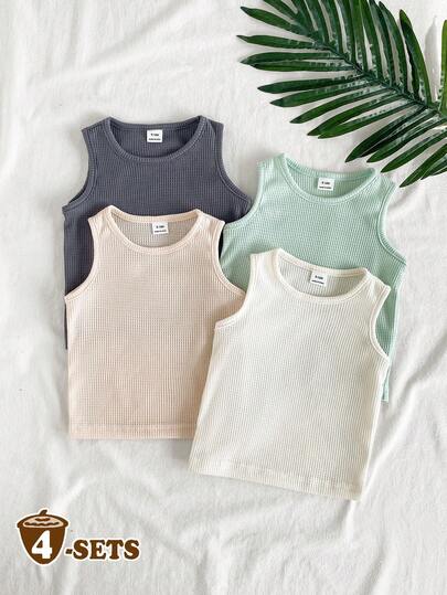 SHEIN Vintaside Kids 4件套男女通用婴儿休闲舒适白色背心，经典百搭，适合日常穿着、度假、上学、聚会、春夏穿着。