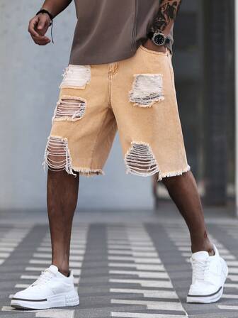 Manfinity Roughcore Men's Casual Washed Distressed Denim Shorts