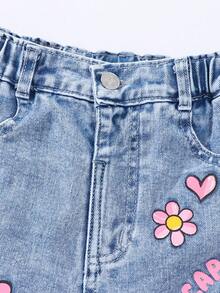 Elladie kids Cute Light Wash Denim Straight Leg Shorts For Young Girls With Cartoon Bear And Flower Patterns Pockets - Light Wash - View 5