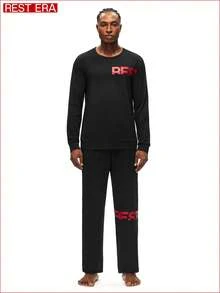 Rest Era Pajama Set, With Round Neck Long Sleeve Top Printed With Red "RFST" Text, And Black Long Pants With Red Letter Decoration, Simple Yet Style, Suitable For Casual Daily Or Home Wear - Black - View 3