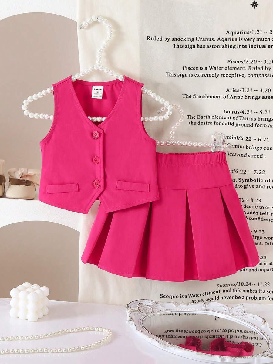 SHEIN 女婴可爱校园风粉色吊带背心和百褶裙套装 - 玫紅色 - 查看 1